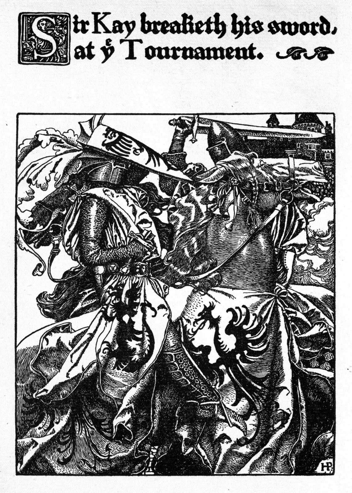 Sir Kay breaks his sword at the tournament — Two knights in crested helmets clash on horseback, their surcoats and banners marked with black eagles.
