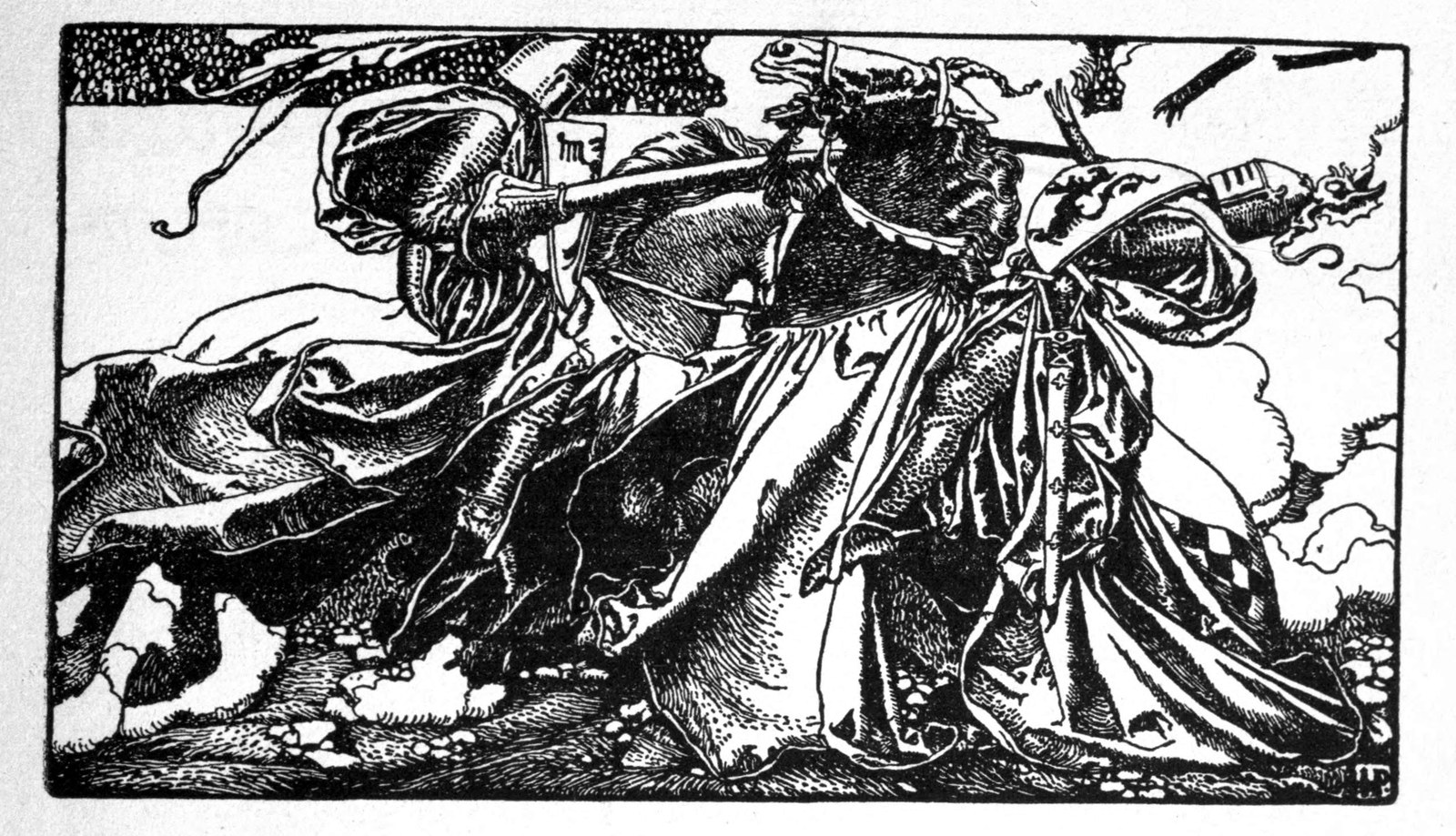 Headpiece to Chapter One of Part One: knights on horseback crash together in the tournament with leveled spears.