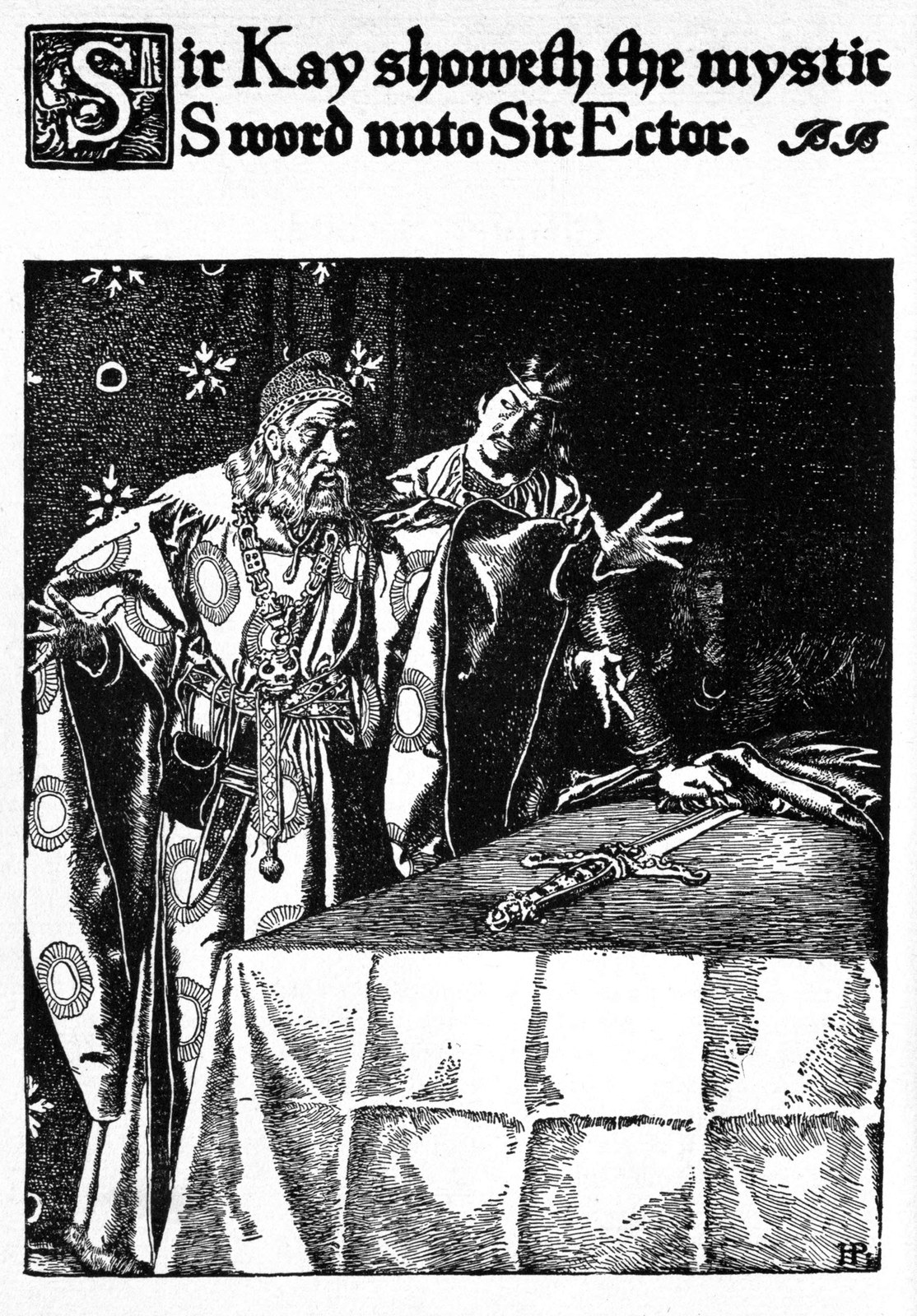 Sir Kay shows the magic sword to Sir Ector — In a dim hall Kay points to the sword lying on a covered table while his father leans forward to look at it.