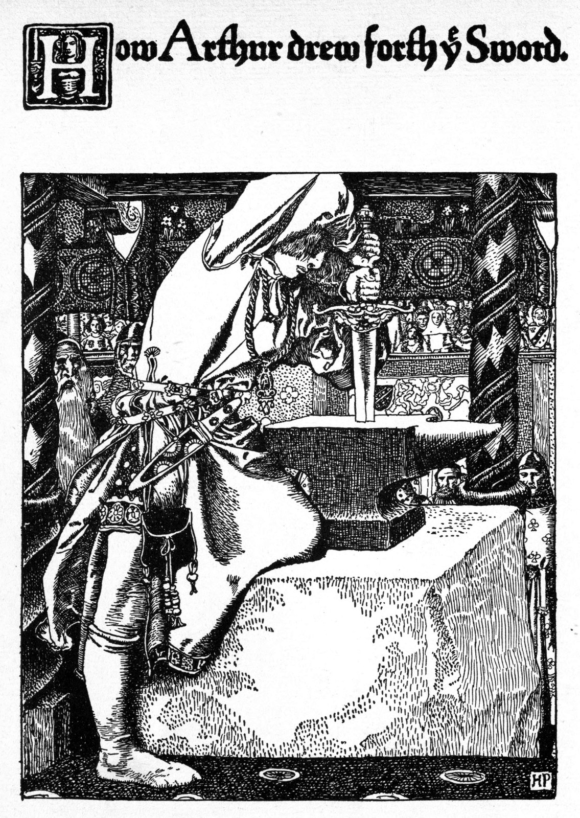 How Arthur drew out the sword — Arthur, a young squire in a hooded cloak, grips the hilt of the sword set in the anvil on top of the marble block, while bearded onlookers watch.