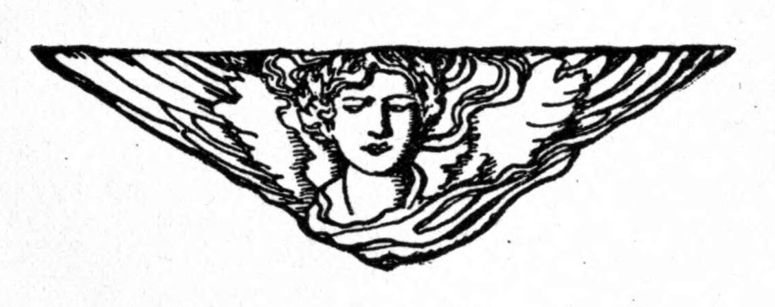 Tailpiece to Part One: a winged head of a young man with flowing hair, set in a triangle.
