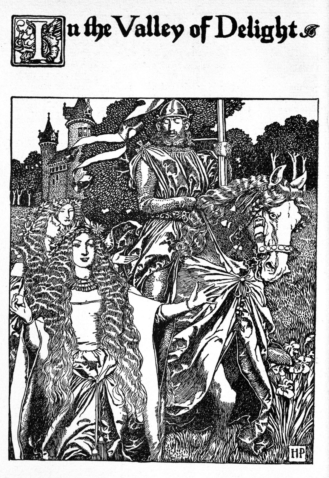 In the Valley of Delight — King Arthur on his horse looks down at a fair damsel with long hair, who walks beside him in a flowering valley below a castle.