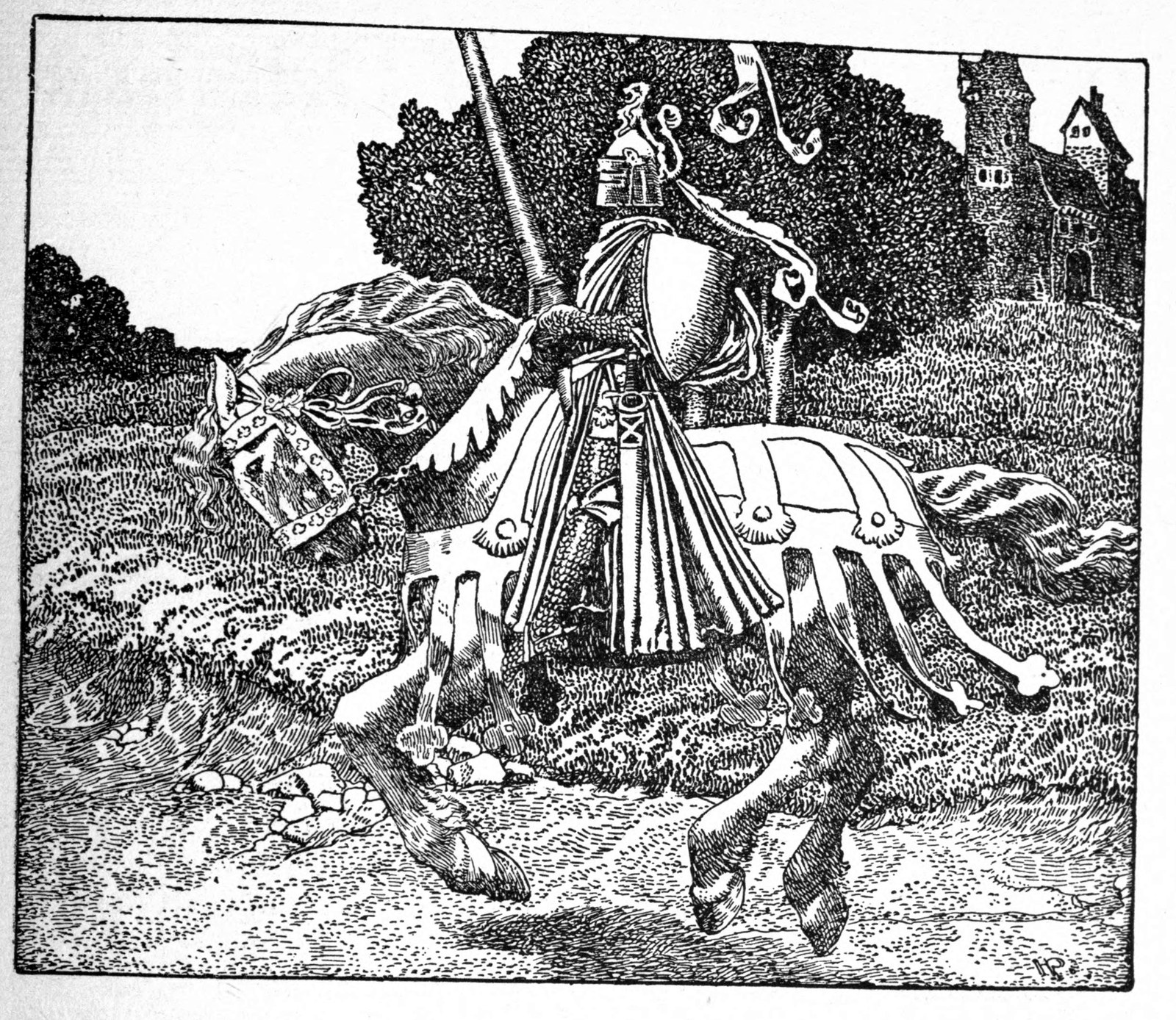 Headpiece to Part Two: a knight with a lance rides at a gallop across a meadow, with a castle and trees behind him.