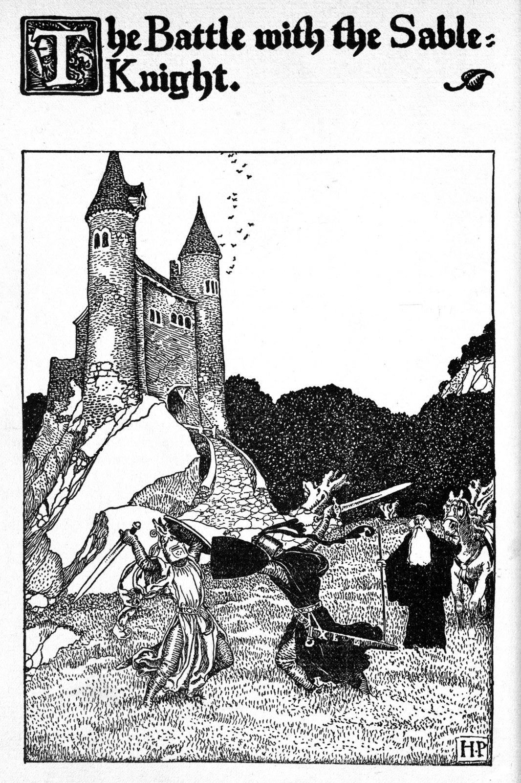The battle with the Sable Knight — Below a castle on a rock, two knights fight on foot with swords on the grass, while a figure in a long black robe watches.