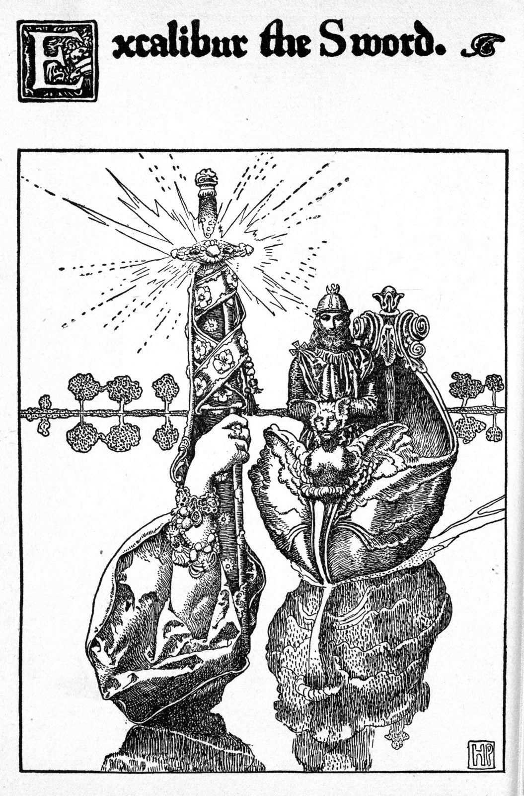 Excalibur, the sword — An arm in an embroidered sleeve rises from the lake holding up the shining sword, and King Arthur, crowned, stands in the brass swan-boat behind it.