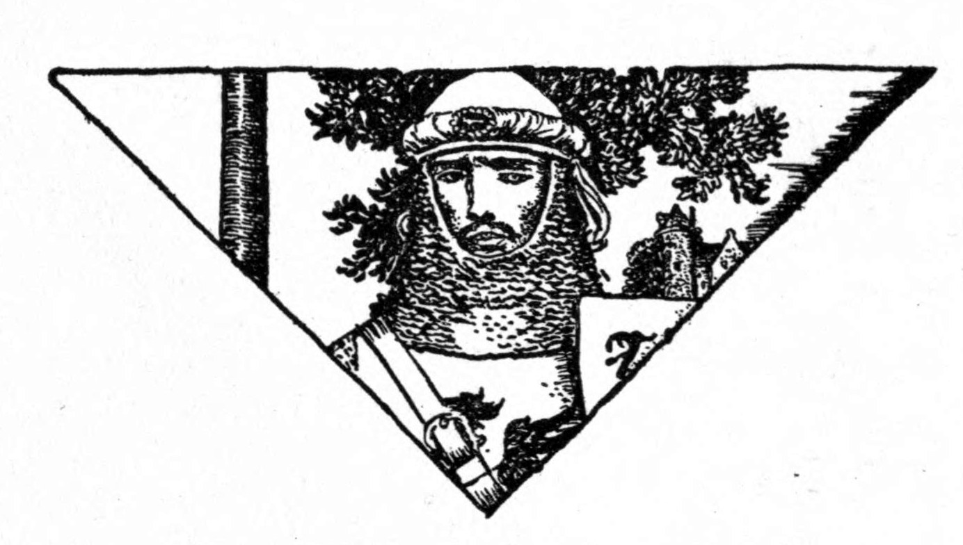 Tailpiece to Part Two: the bearded face of a knight in a mail hood, set in a triangle among trees.