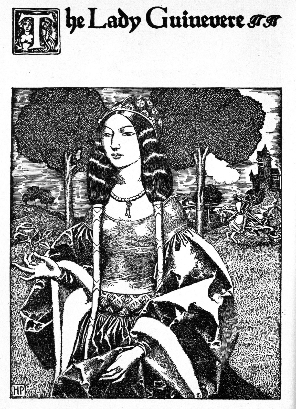 The Lady Guinevere — Guinevere sits in a garden with long dark hair, a jeweled band on her head and a necklace at her throat, her hand raised as she speaks.