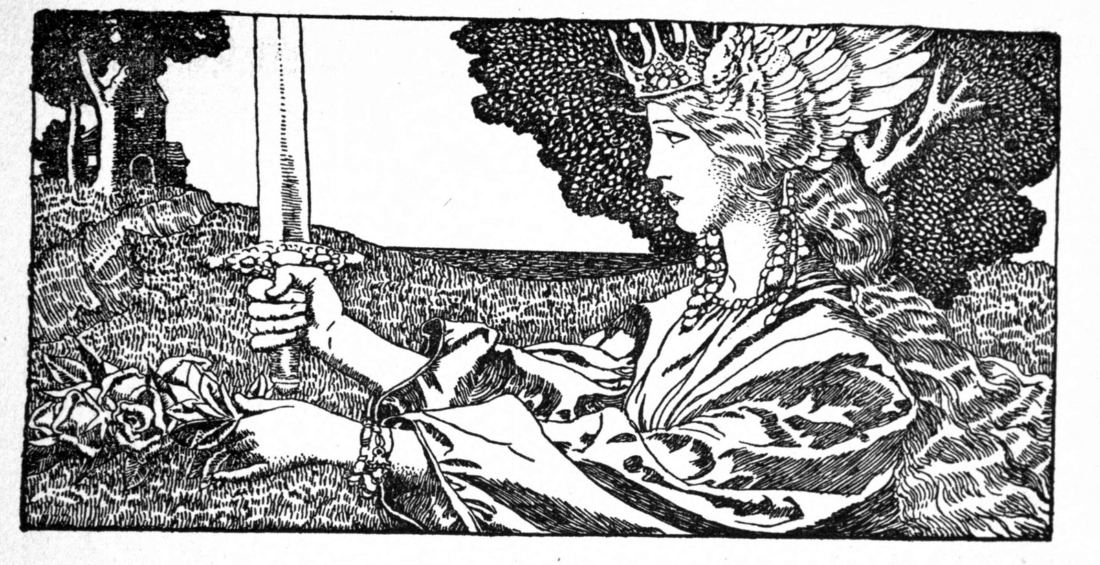 Headpiece to Part Three: a crowned lady in a winged headdress holds up a sword before her in a woodland.