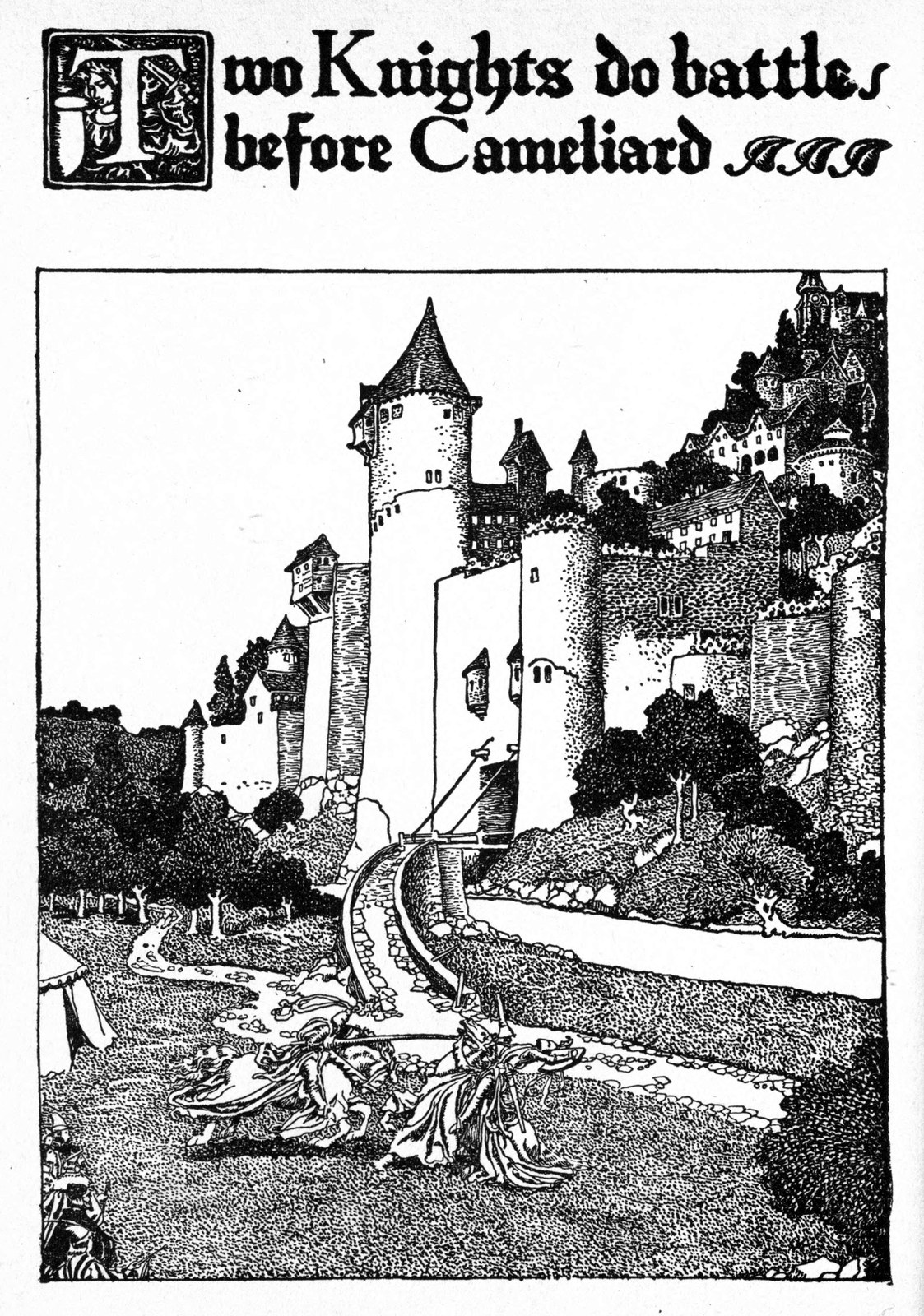 Two knights fight before Cameliard — Below the towers and walls of a hilltop town, two mounted knights charge at each other on a meadow.