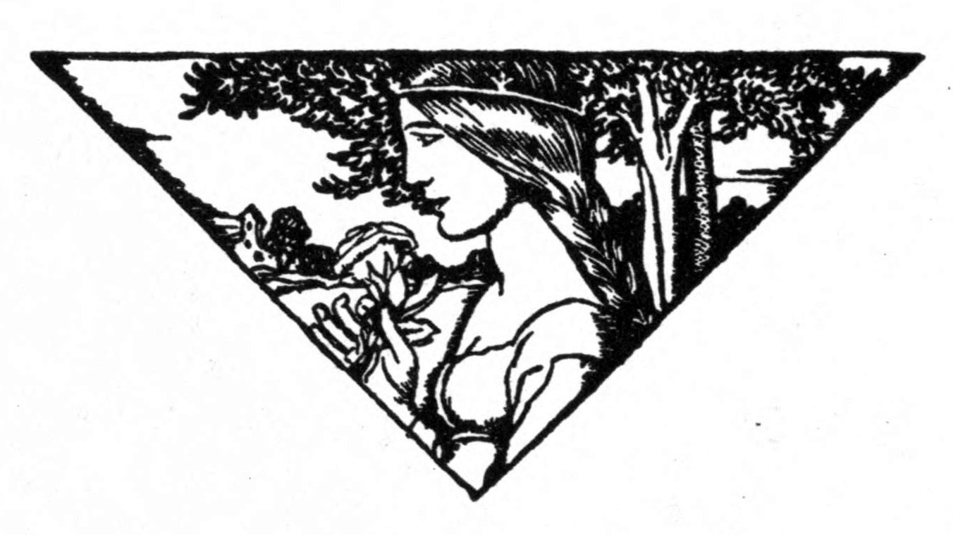 Tailpiece: a young woman among trees bends her head to smell a flower, set in a triangle.