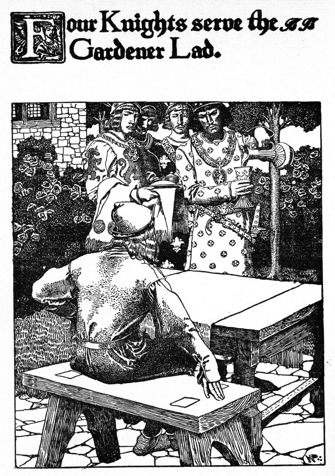 Four knights serve the gardener's boy — Arthur, as the gardener's boy in a rough cap, sits at a garden table while richly dressed knights stand behind him, one pouring him a drink.