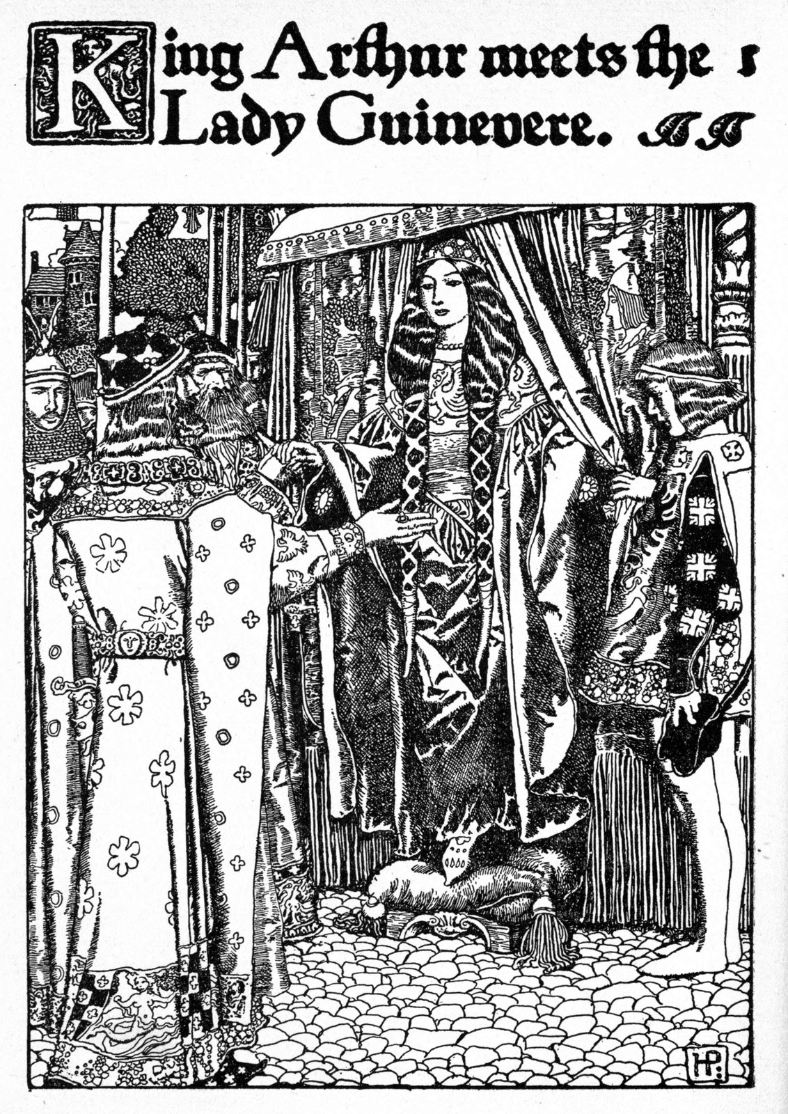 King Arthur meets the Lady Guinevere — On a cobbled street hung with banners, the King in a long patterned robe takes the hand of Guinevere, who stands under a canopy among her ladies and knights.