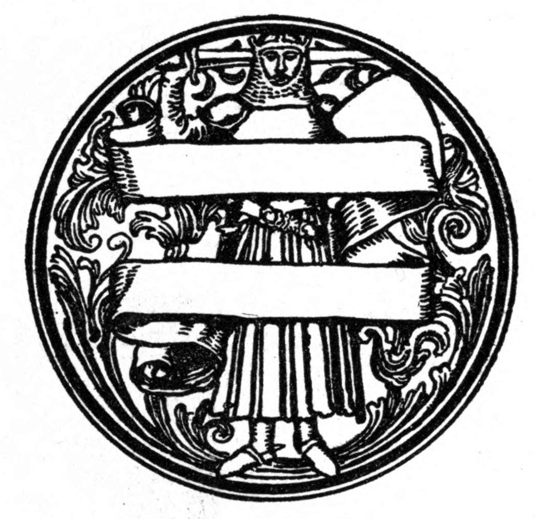 Tailpiece to The Book of King Arthur: a round medallion in which a crowned figure holds two blank scrolls across his robe.