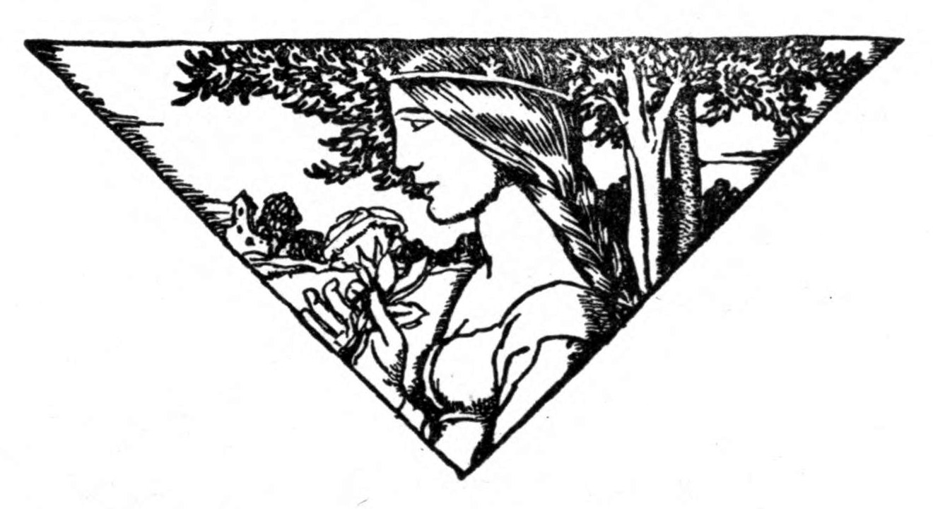 Tailpiece to the Conclusion: a young woman among trees bends her head to smell a flower, set in a triangle.