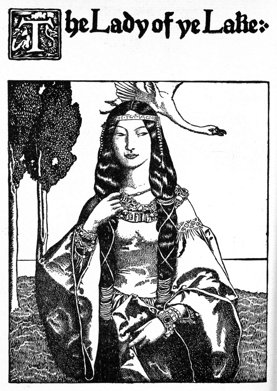 The Lady of the Lake — The Lady of the Lake sits on the grass by the water with long dark hair and a jeweled collar, a swan flying above her head.