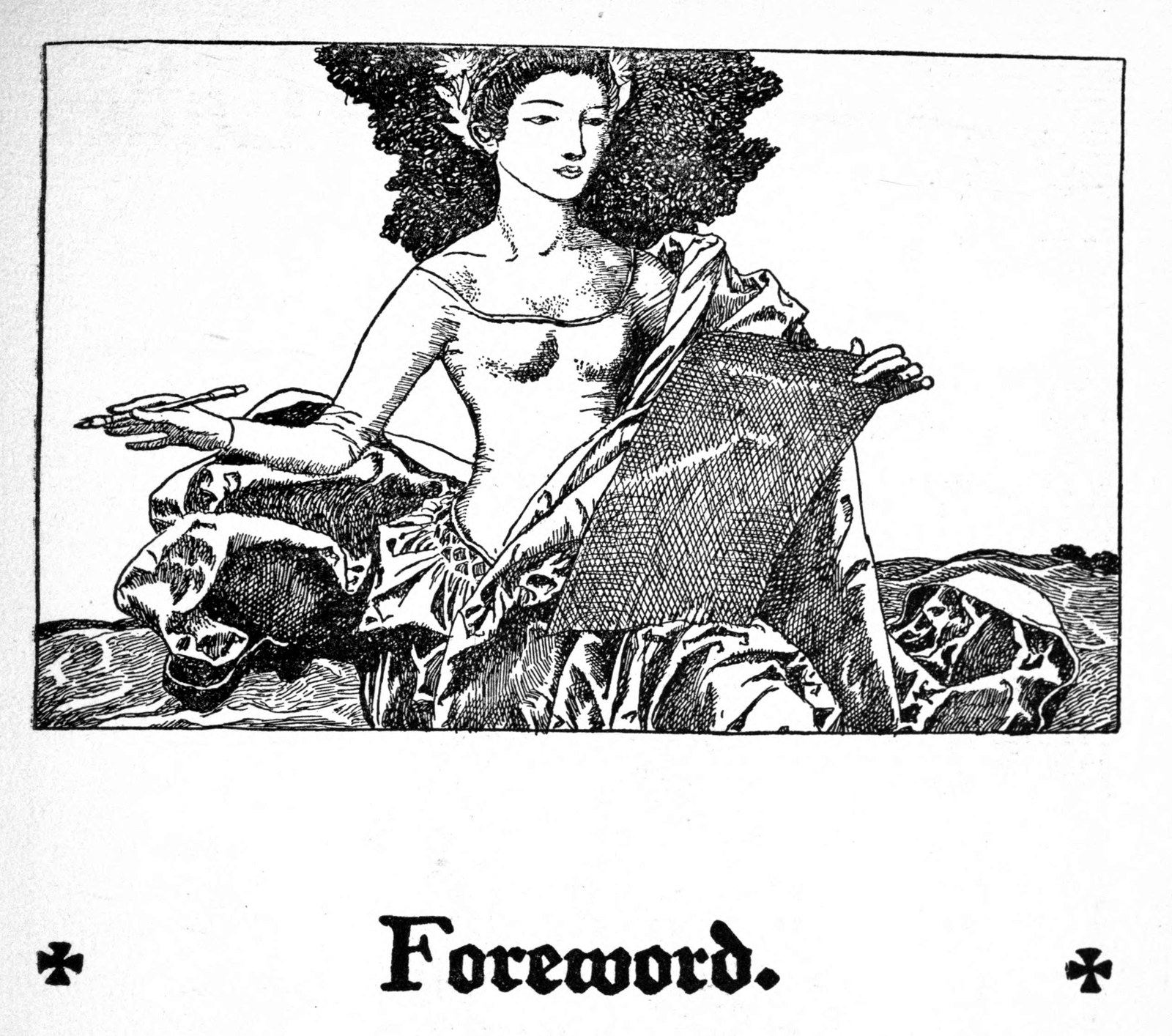 Headpiece to the Foreword of The Book of Three Worthies: a young woman with flowers in her hair sits by the water writing on a long scroll.