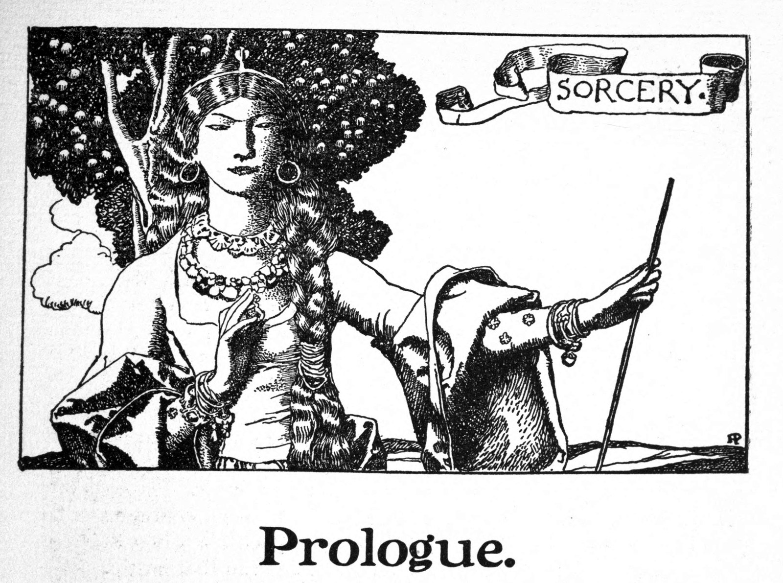 Headpiece to the Prologue: an enchantress in heavy necklaces holds out a slender wand, under a scroll lettered Sorcery.
