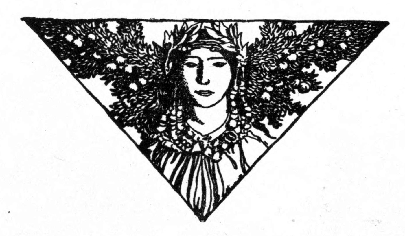Tailpiece to the Prologue: the face of a woman wearing a wreath, among flowering branches, set in a triangle.