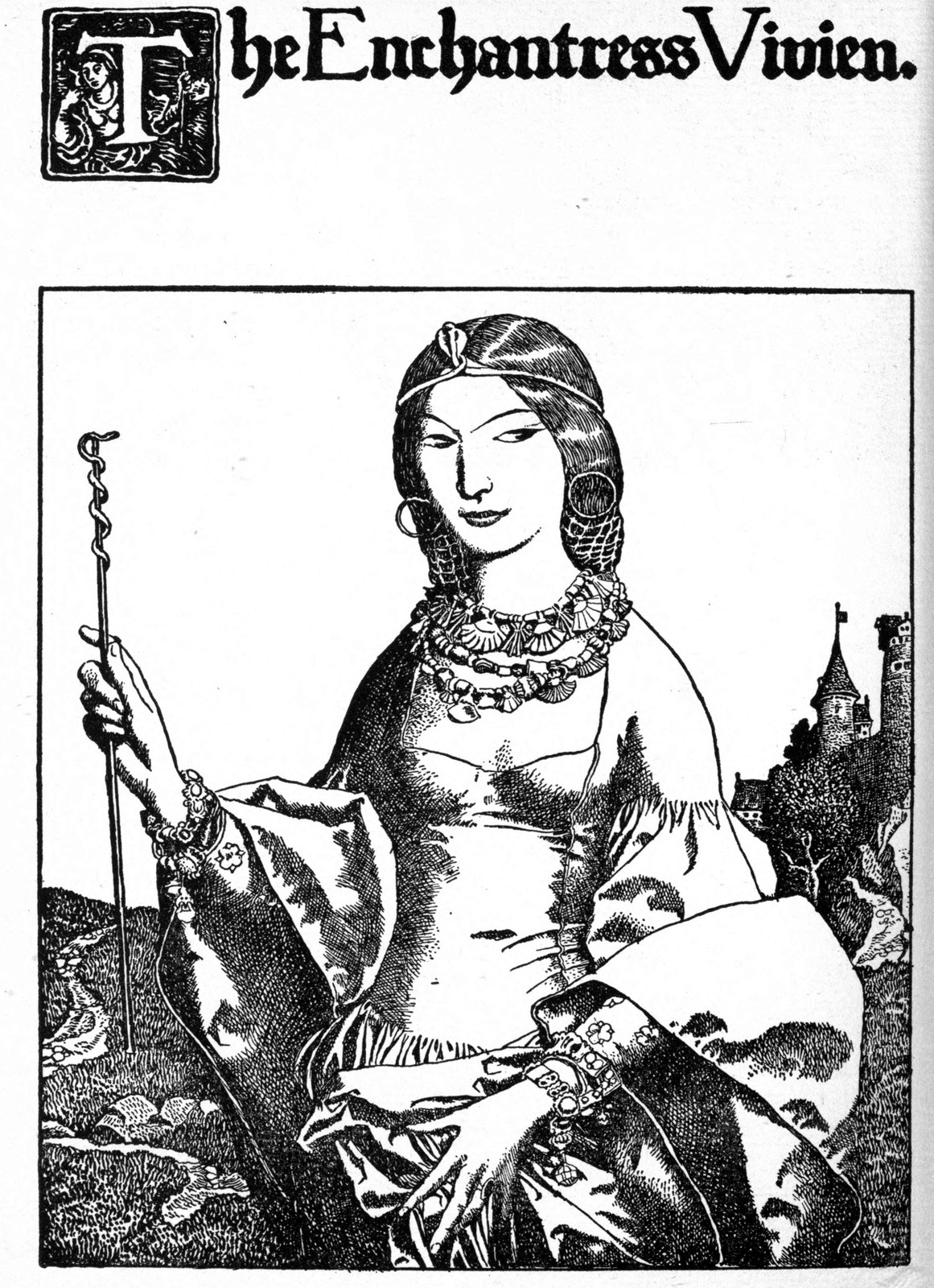 The Enchantress Vivien — Vivien, young and calm, stands with a wand twined by a snake, gold coins hanging from her ears and a heavy necklace at her throat.