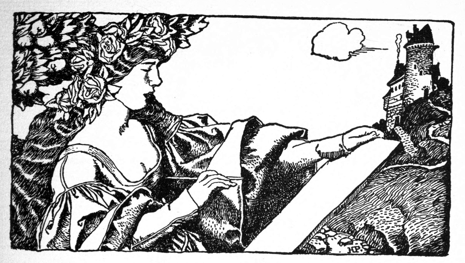 Headpiece to the Story of Merlin: a young woman with roses in her hair reaches out toward a castle on a distant hill.
