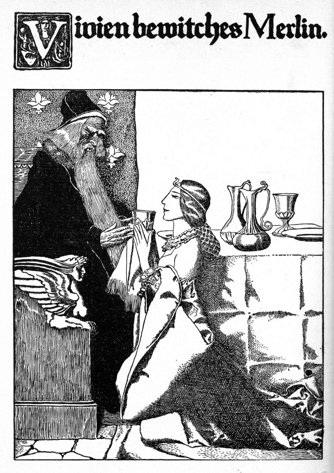 Vivien bewitches Merlin — The old enchanter bends toward Vivien as she offers him a cup of wine across a table set with a pitcher and goblets.