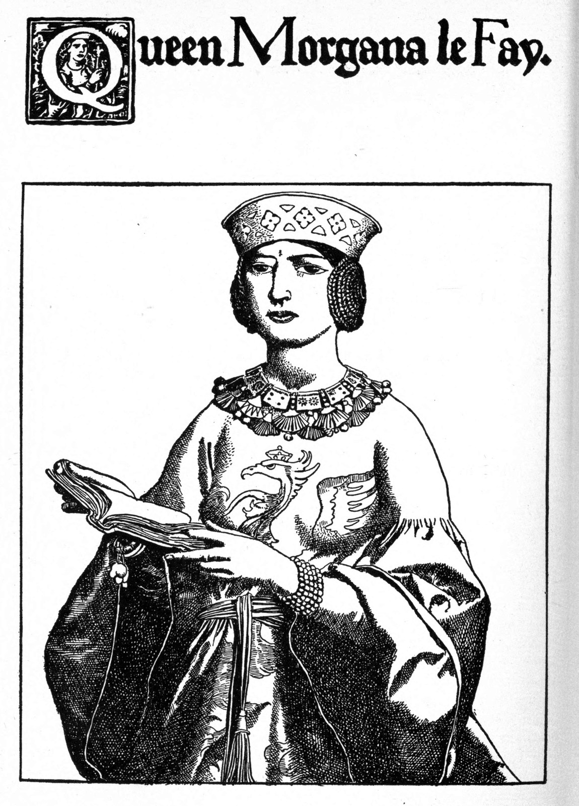 Queen Morgan le Fay — The Queen sits in a jeweled cap and a broad necklace, holding an open book on her lap and looking out coldly.