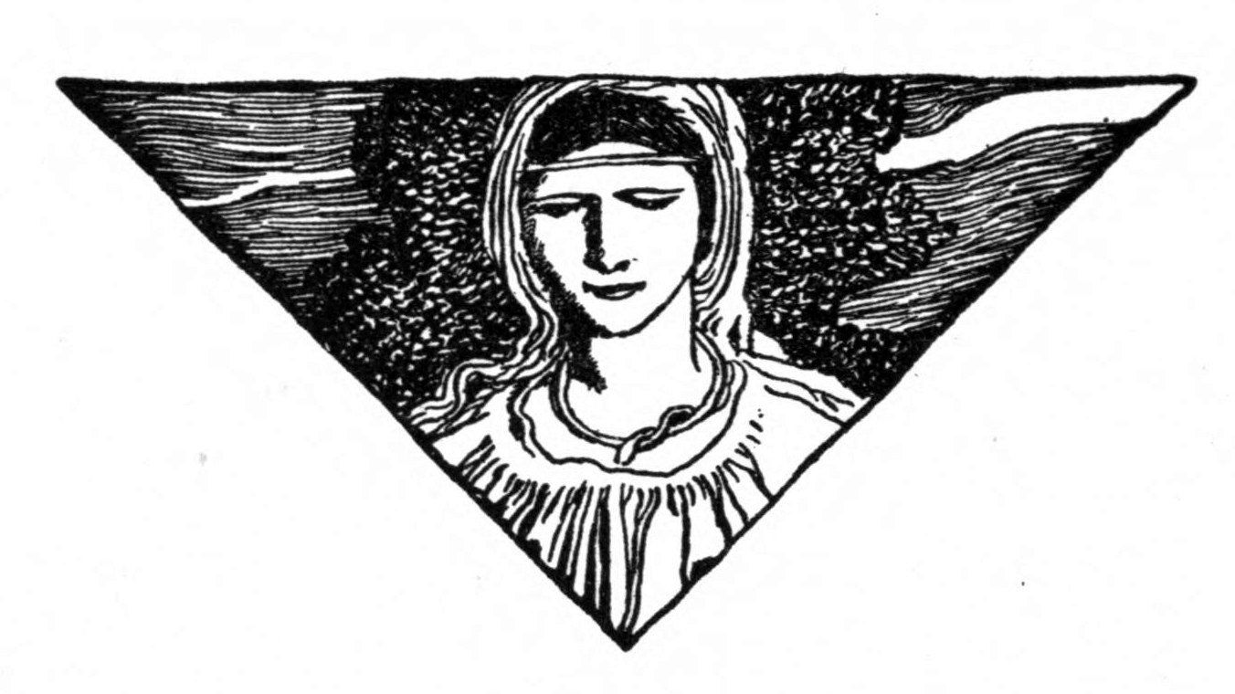 Tailpiece to the Story of Merlin: the face of a hooded woman against dark, wind-blown clouds, set in a triangle.
