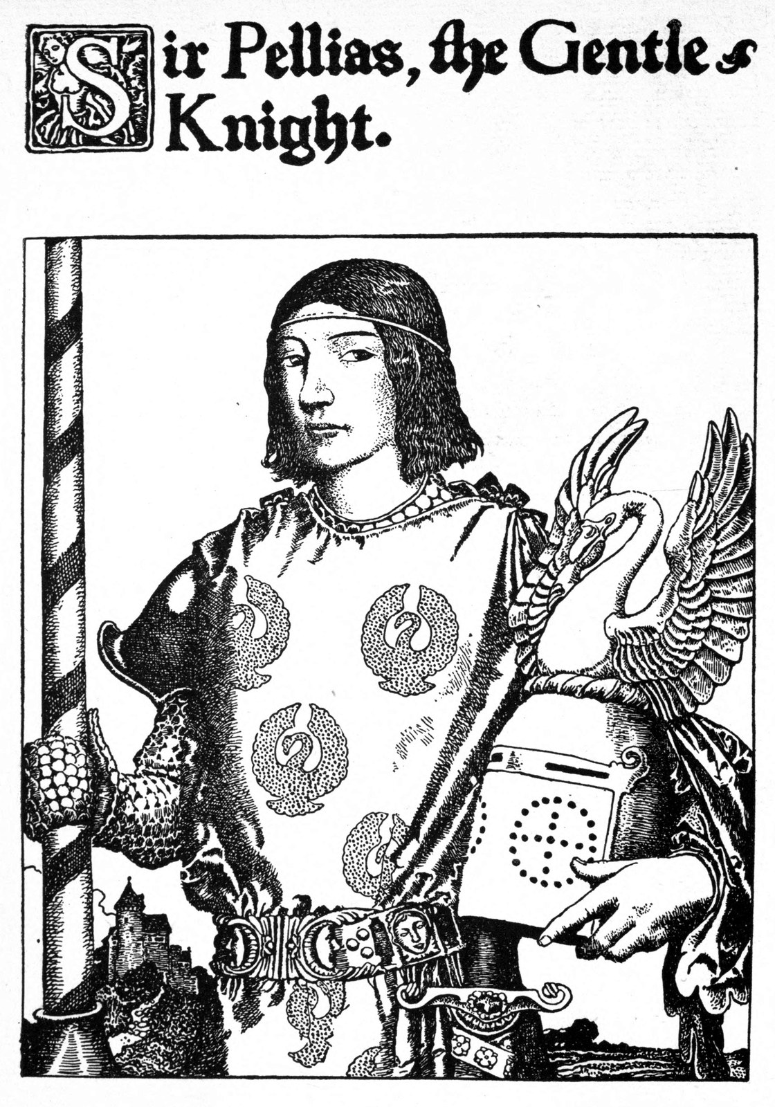 Sir Pelleas, the Gentle Knight — The young knight stands in a coat patterned with swans, holding his helmet under his arm, beside a swan crest with spread wings.
