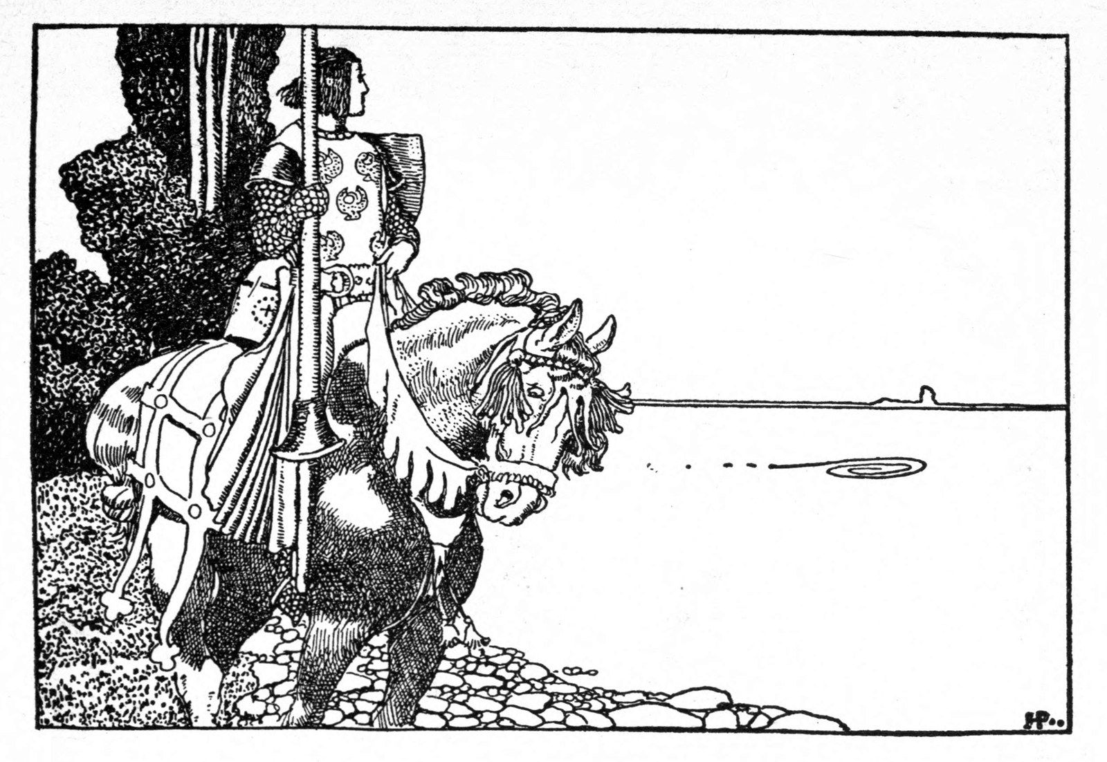 Headpiece to the Story of Sir Pelleas: a knight in armor sits his horse on a rocky shore, looking out over still water toward a distant island.