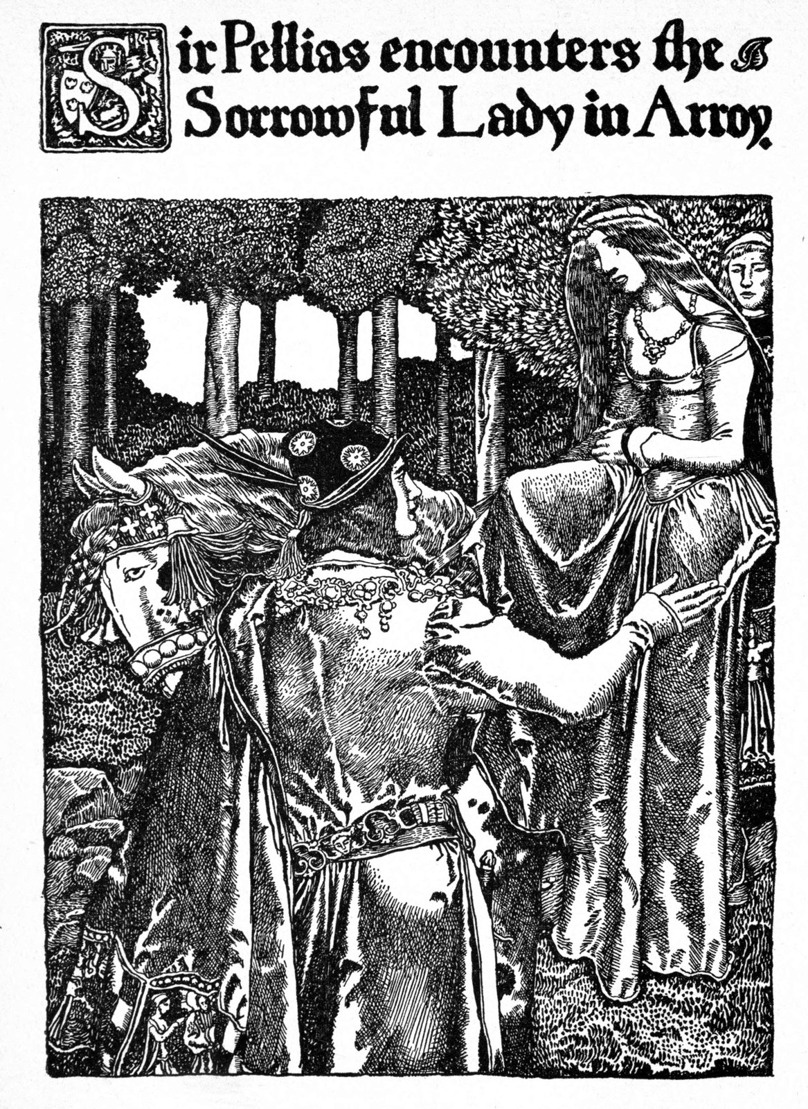 Sir Pelleas meets the sorrowful lady in Arroy — In a forest Pelleas, seen from behind, reaches up to a sorrowful lady seated on her horse, her squire beside her.