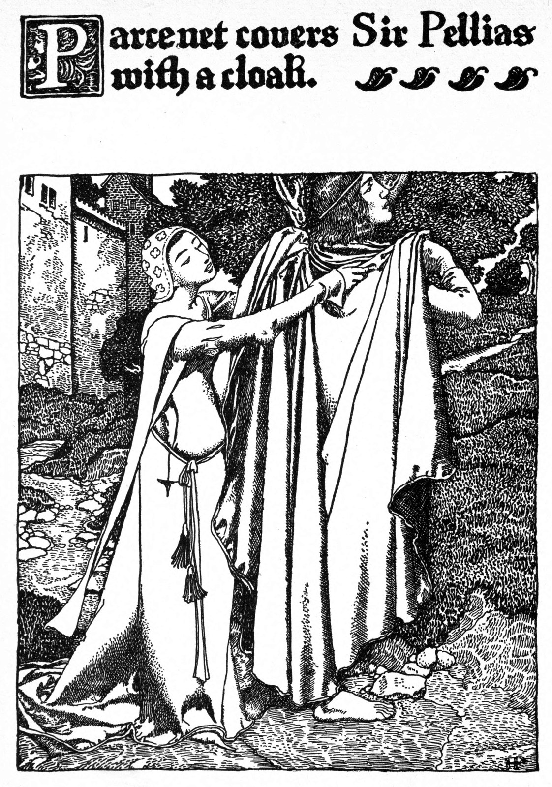 Parcenet covers Sir Pelleas with a cloak — Below the castle wall the damsel Parcenet wraps a long cloak around Pelleas, who stands in his shirt.