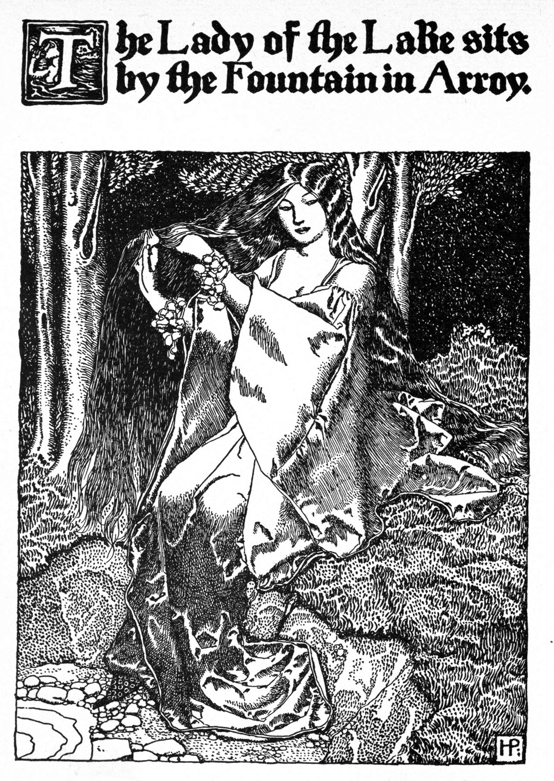 The Lady of the Lake sits by the fountain in Arroy — The Lady of the Lake sits among the rocks and ferns of a dark wood, drawing a long strand of her hair through her fingers.