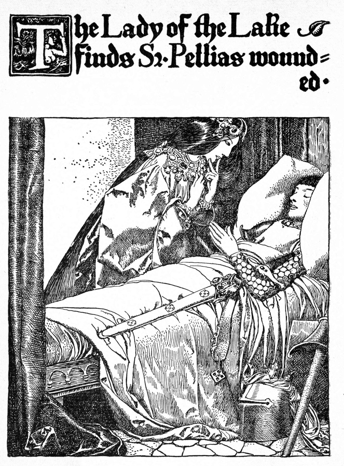 The Lady of the Lake finds Sir Pelleas wounded — Pelleas lies pale in a bed in the hermit's cell, and the Lady of the Lake bends over him with her hand raised.