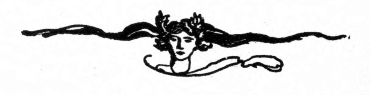 Tailpiece to the Story of Sir Pelleas: a small face of a woman with streaming hair and ribbons.