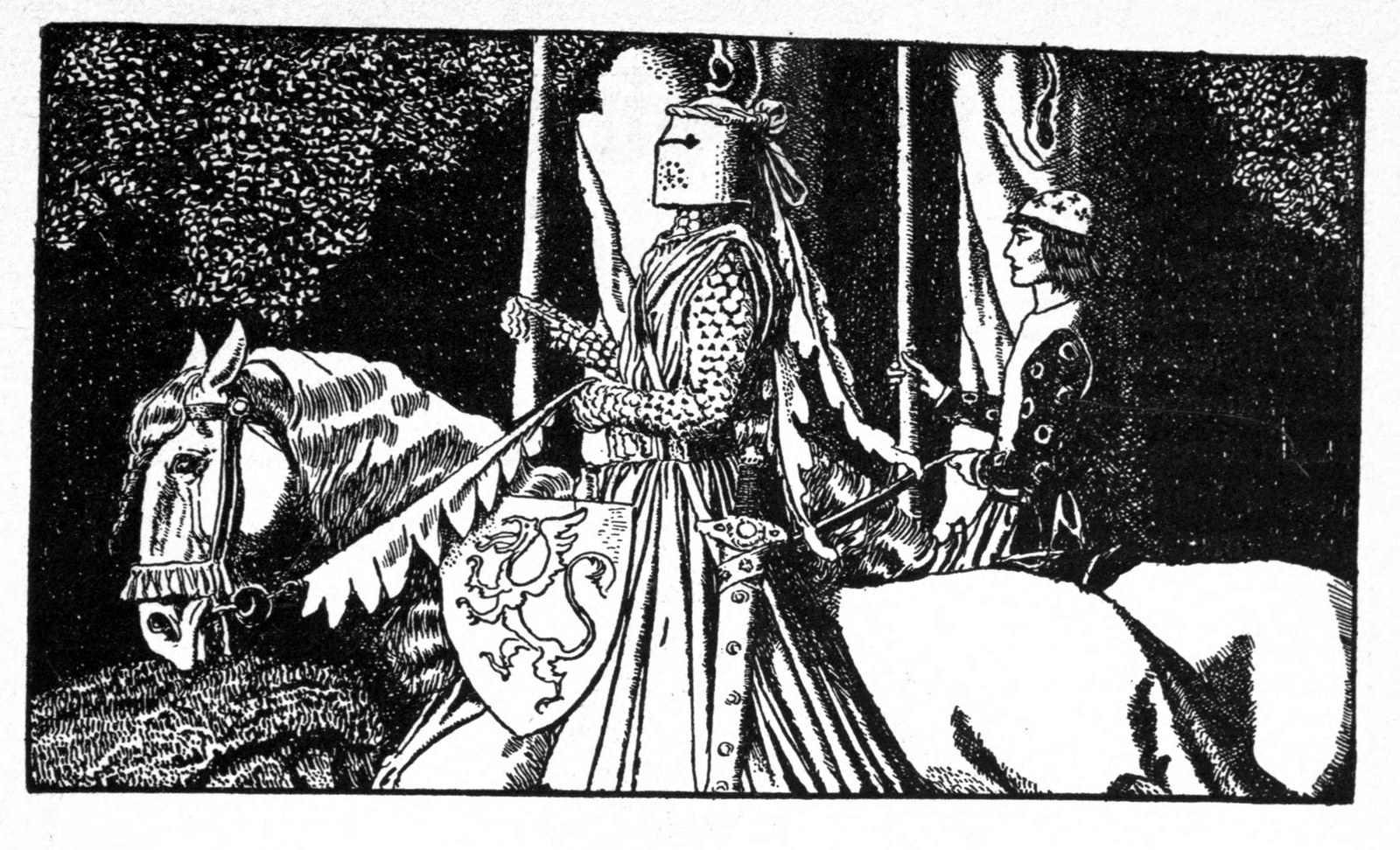 Headpiece to the Story of Sir Gawain: a crowned King on a white horse rides with an armored knight through a dark wood.