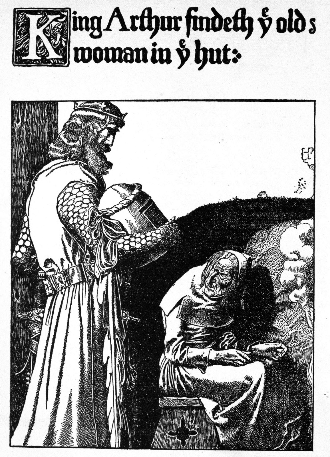 King Arthur finds the old woman in the hut — The crowned King stoops in the doorway of a hut toward a bent old woman seated by the fire.