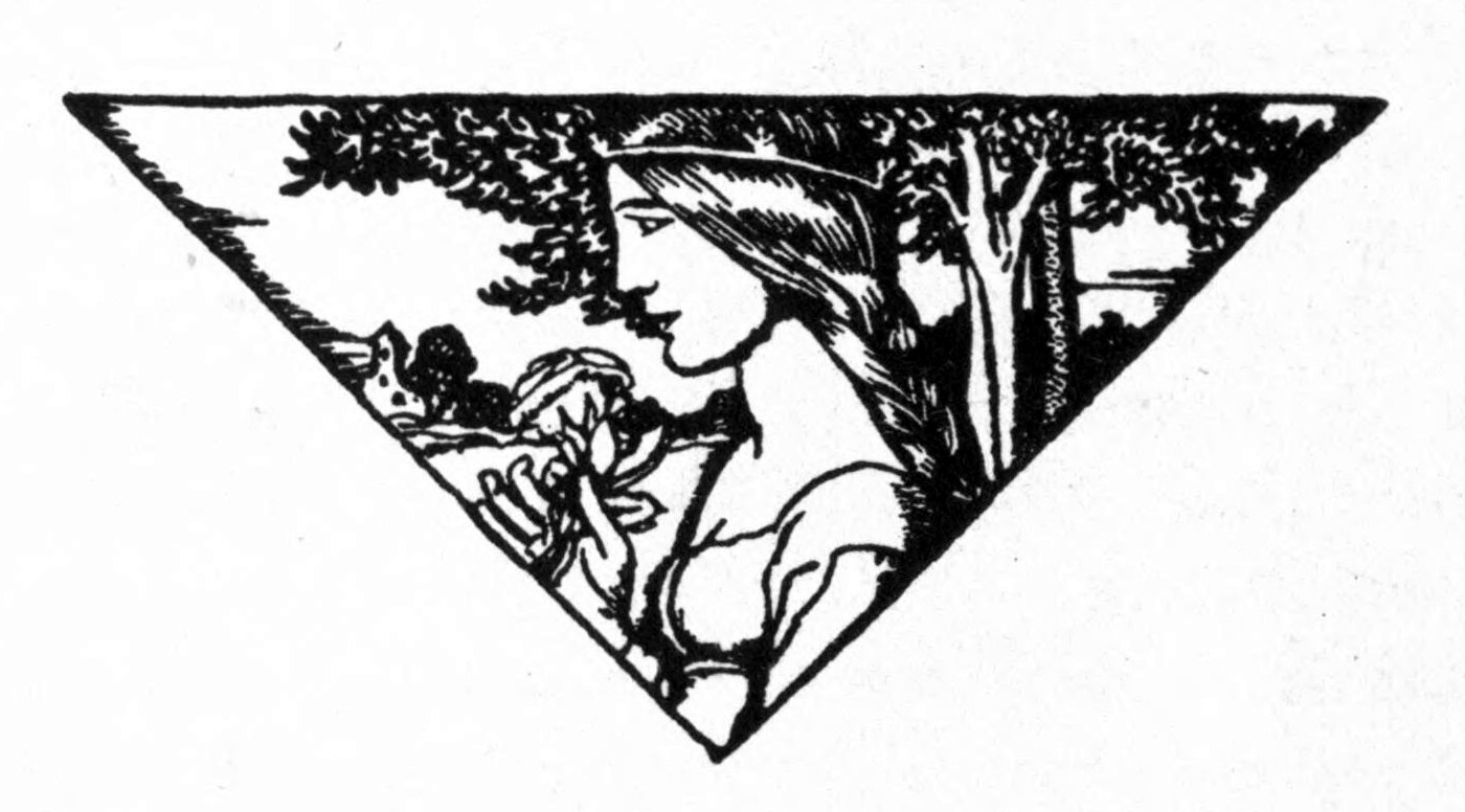 Tailpiece to the Story of Sir Gawain: a young woman among trees bends her head to smell a flower, set in a triangle.