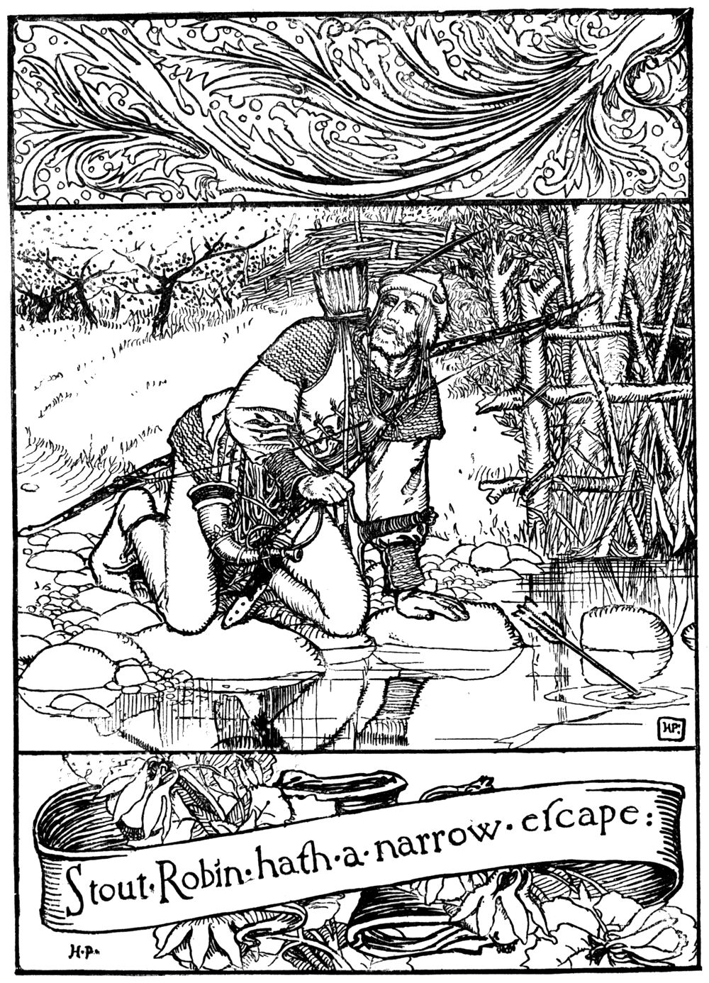 “Stout Robin hath a narrow escape.” Robin kneels to drink at a stream as one arrow flies just past his head and another splashes into the water beside his hand.