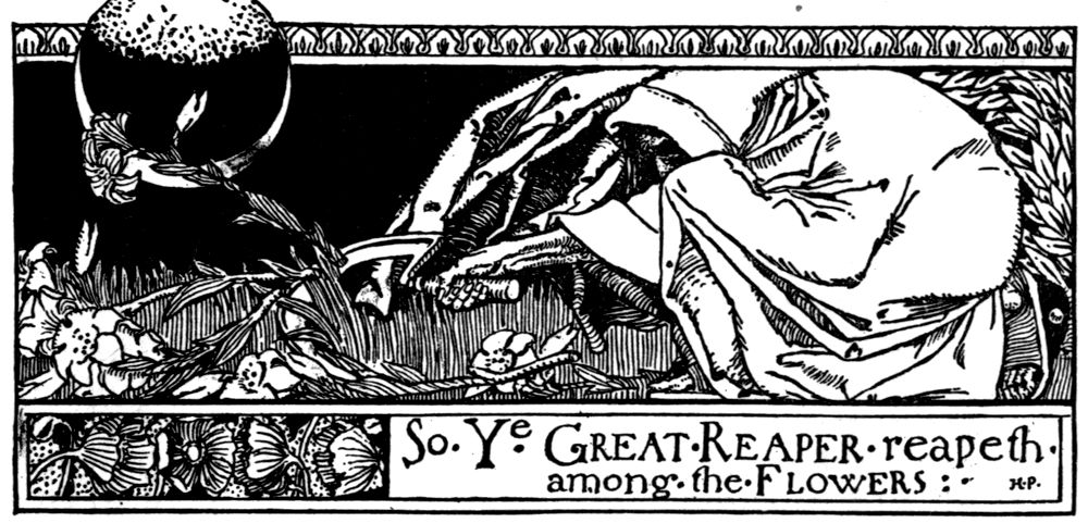 “So ye Great Reaper reapeth among the Flowers.” A hooded figure bends to cut flowers with a sickle under a dark sky. (“Ye” is an old way of printing “the.”)