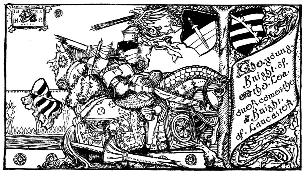 “The young Knight of the Lea overcometh the Knight of Lancaster.” A jousting scene: one armored knight on a decorated horse bears down on another who is falling, with shields hanging on a tree.