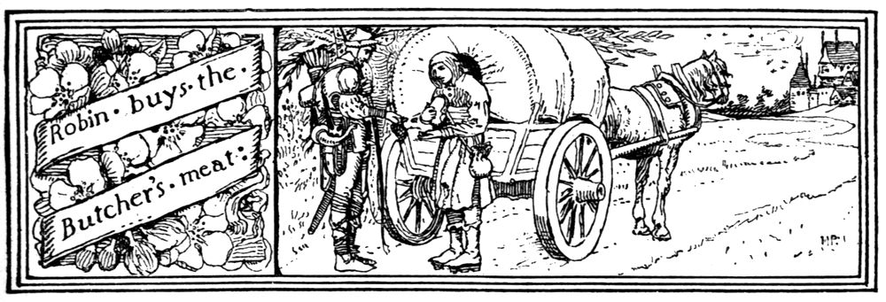 “Robin buys the Butcher's meat.” On a country road, Robin talks with the young butcher beside his covered cart and horse.