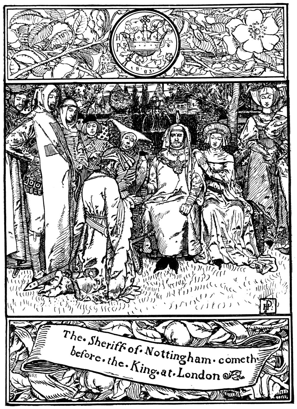 “The Sheriff of Nottingham cometh before the King at London.” The Sheriff bows low before King Henry and Queen Eleanor, who sit enthroned among their courtiers in a garden.