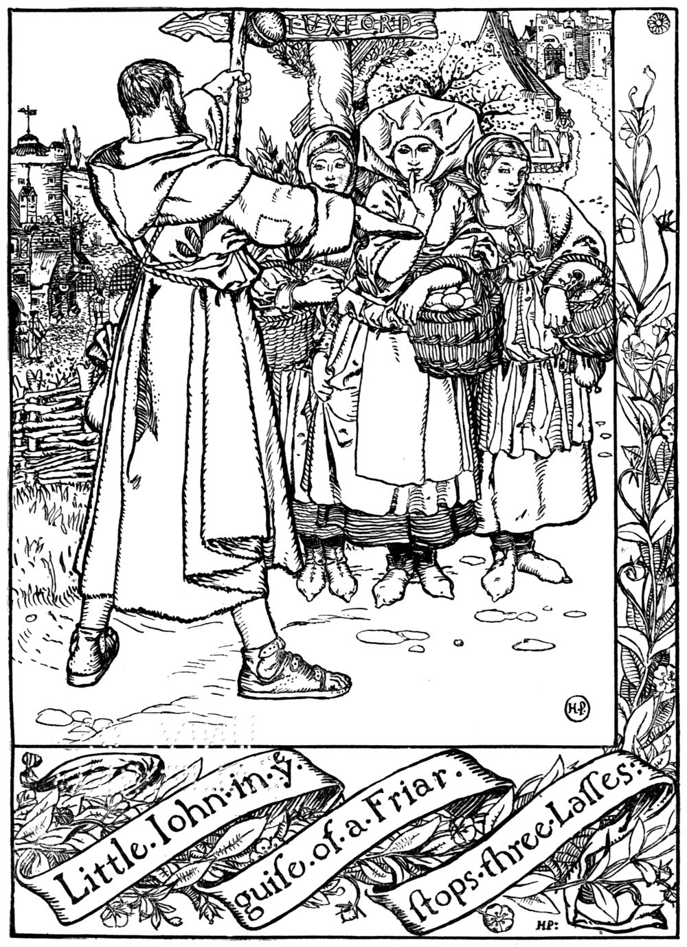 “Little John in ye guise of a Friar stops three Lasses.” Little John, dressed as a friar, stands with his hands on his hips in front of three young women with baskets of eggs, under a sign for Tuxford.