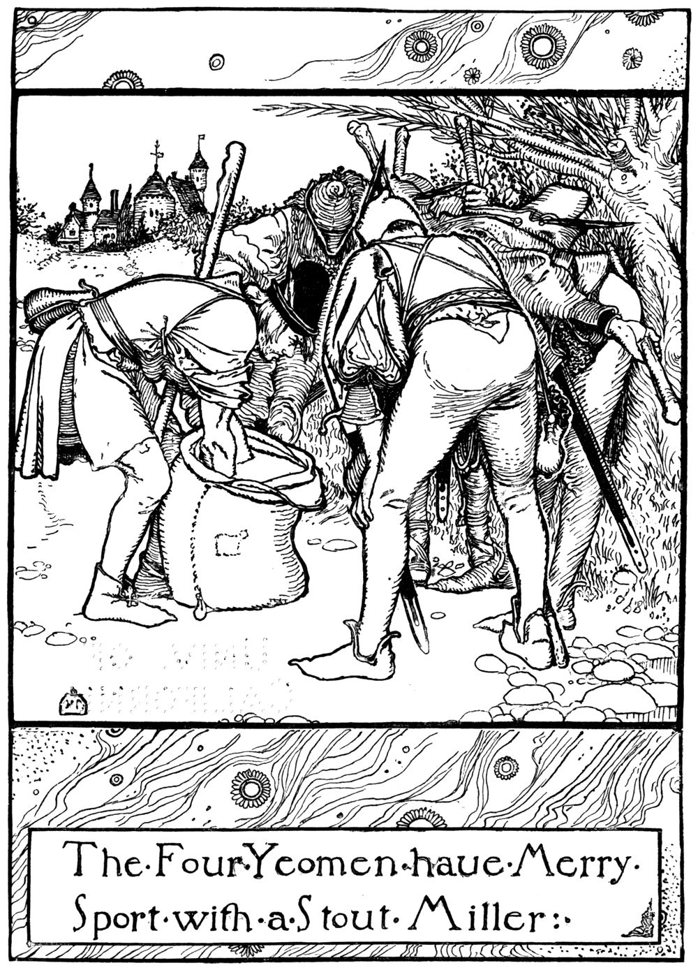 “The Four Yeomen have Merry Sport with a Stout Miller.” The yeomen and the Miller bend low together over his open sack of flour, all peering in.