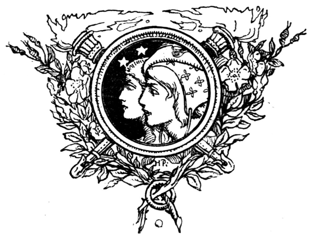 A tailpiece of a round frame among roses and crossed arrows, showing the profiles of a young man and a young woman side by side under two stars.