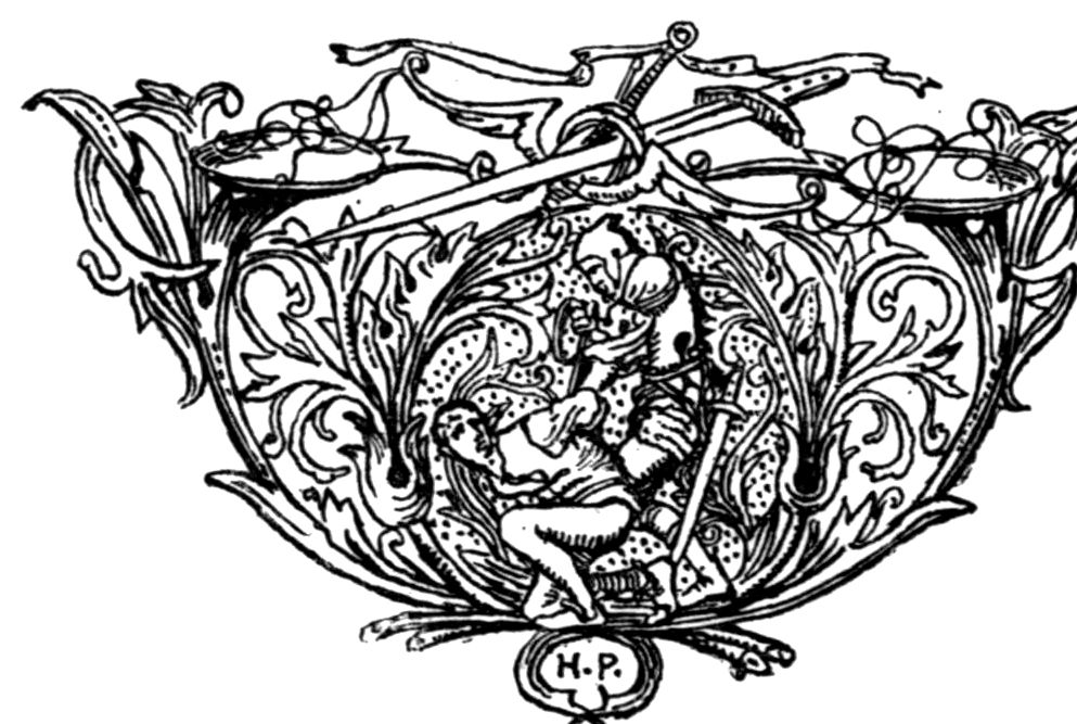 A tailpiece of curling leaves around a man in armor grappling with another, with the initials H. P. below.