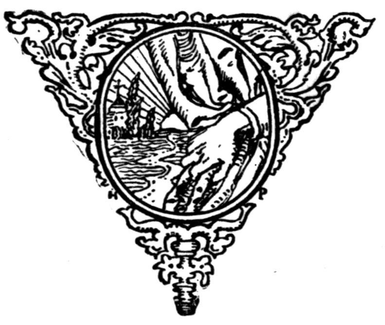 A tailpiece in the shape of a downward triangle: inside a round frame, one hand reaches down to take another, above a river and a far-off town.