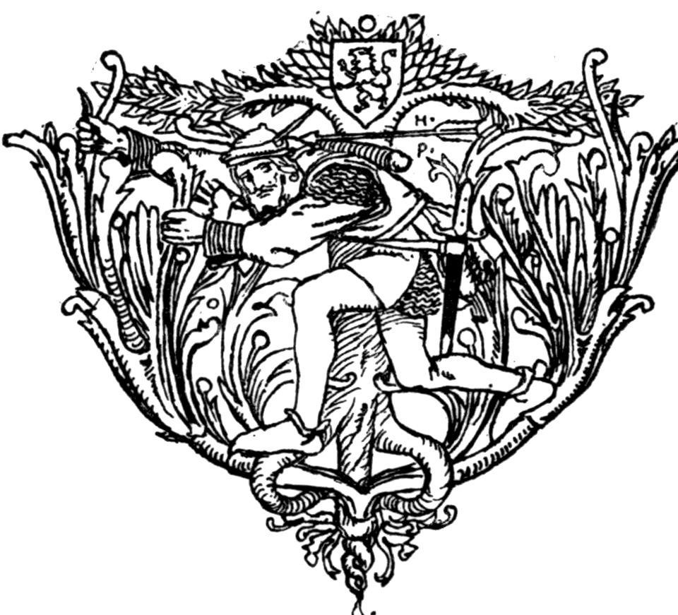 A tailpiece of curling leaves around an archer in a feathered cap drawing his bow, beneath a shield with a lion.