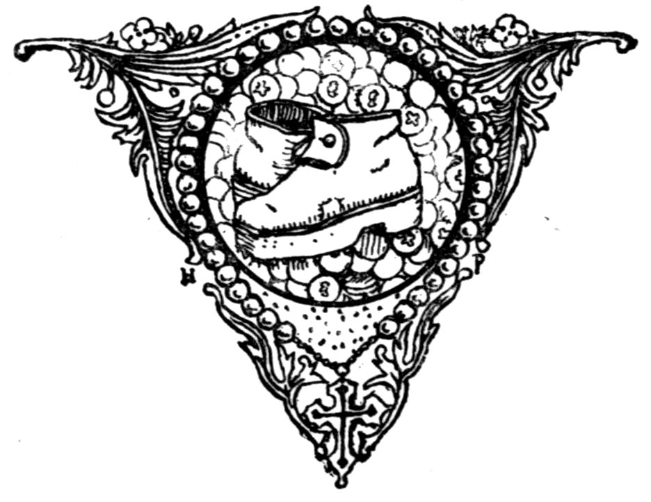 A tailpiece shaped like a downward triangle, with a worn old shoe inside a round frame ringed with beads.