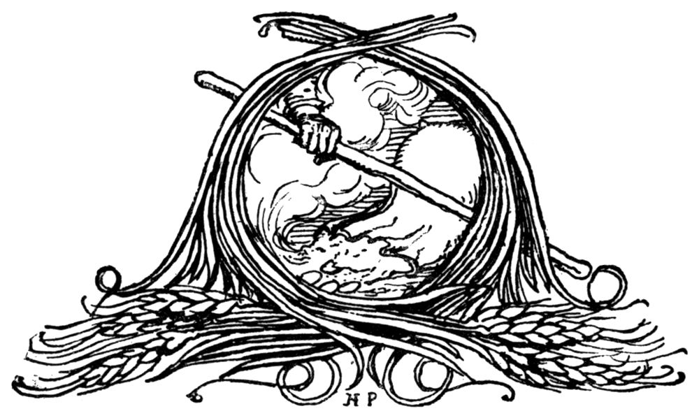 A tailpiece of sheaves of wheat around a round frame in which a hand holds a staff over a cloud of flour.